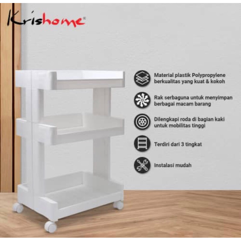 KRISHOME RAK TROLY PLASTIK PENYIMPANAN SERBAGUNA 3 TINGKAT PUTIH/ACE 3 LAYER RACK/ACE RAK TROLY