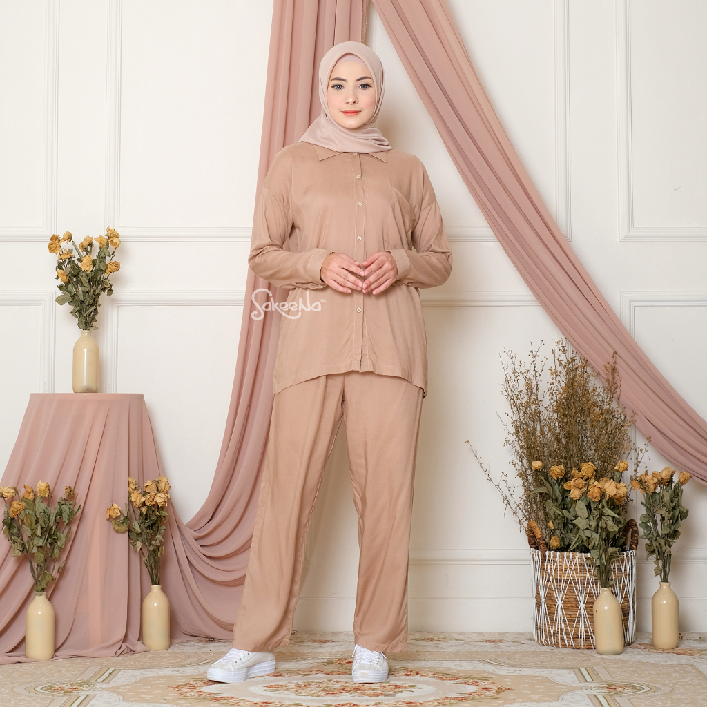 SAKEENA Pajamas Set Kemeja Dewasa Katun Rayon Polos Lengan Panjang