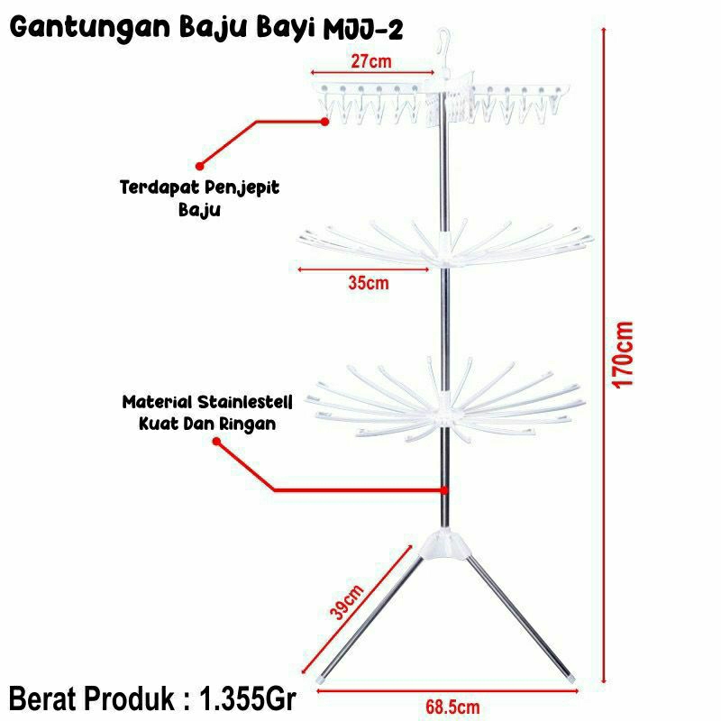 JEMURAN MENARA BAJU BAYI 3 SUSUN TRIPOD DENGAN HANGER ROTASI