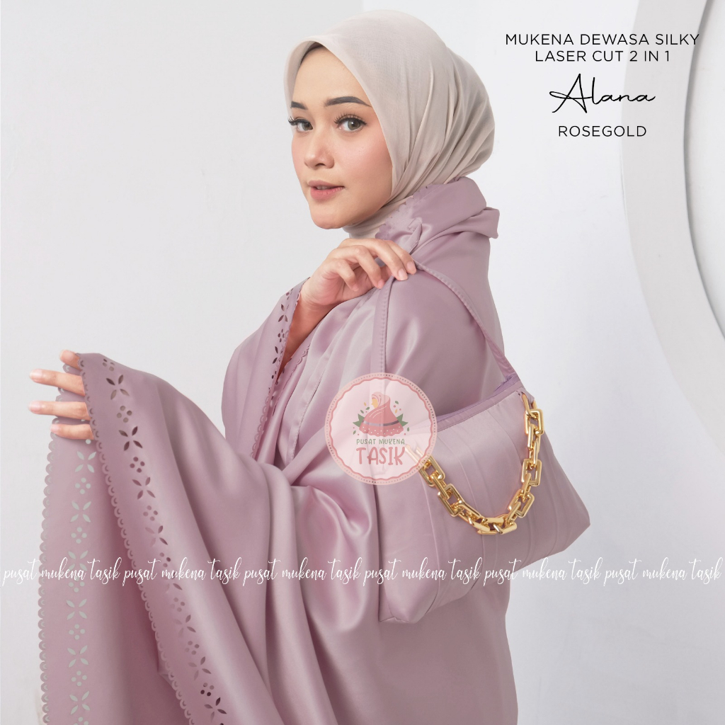 PUSAT MUKENA TASIK - MUKENA POLOS DEWASA SILKY LASER CUT 2 IN 1 ALANA