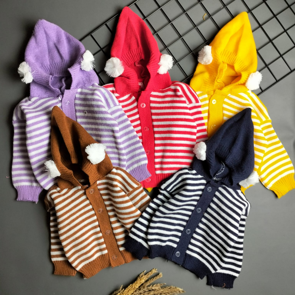 Mantel atasan rajut hoodie bayi motif pompom garis 0-12 bulan