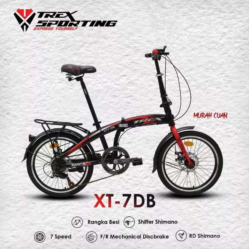 Sepeda lipat 20" trex xt-7 discbrake 7 speed black red folding bike 20 sepeda lipat