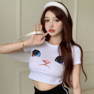 GO!BJ1218 Baju Atasan Kaos korean Motif Kucing Wanita Sexy Crop Top Crop Tee Lengan Pendek Fashion