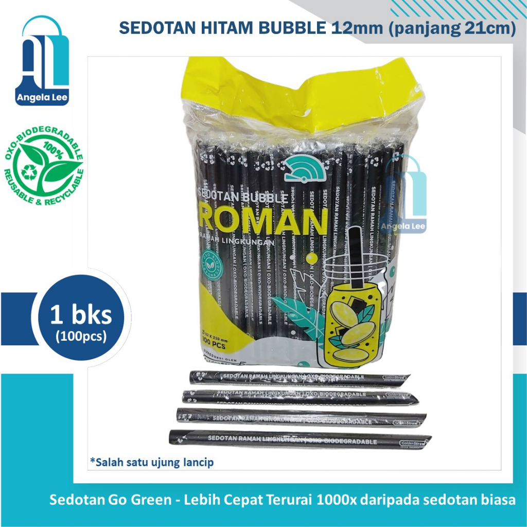 Sedotan Bubble Plastik Hitam Lancip Ramah Lingkungan GoGreen Higienes 6mm 12mm