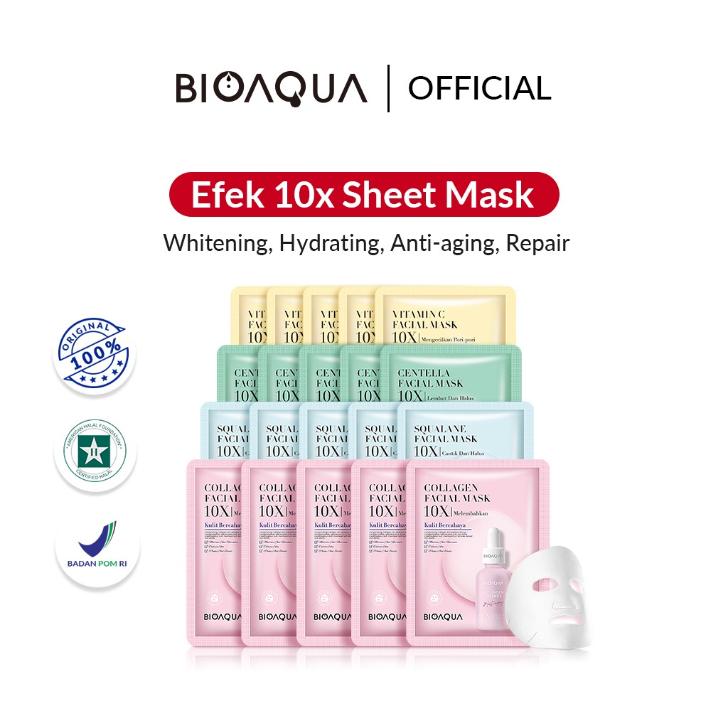 BIOAQUA Sheet Mask Paket Effect 10X Essence Masker Muka Glowing Masker Wajah bpom organik Vitamin C 