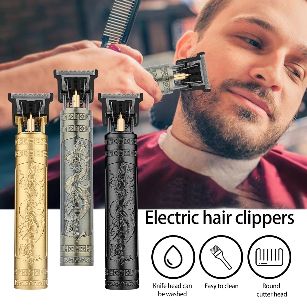 ELDE 1 - Alat Cukur Rambut Vintage T9 Motif Naga Dragon Pisau Cukur Elektrik Pemangkas Pemotong Jenggot Kumis Jambang Hair Clipper Electric Rechargeable Mesin Cukuran Peralatan Grooming Portable Shaver USB Rechargeable