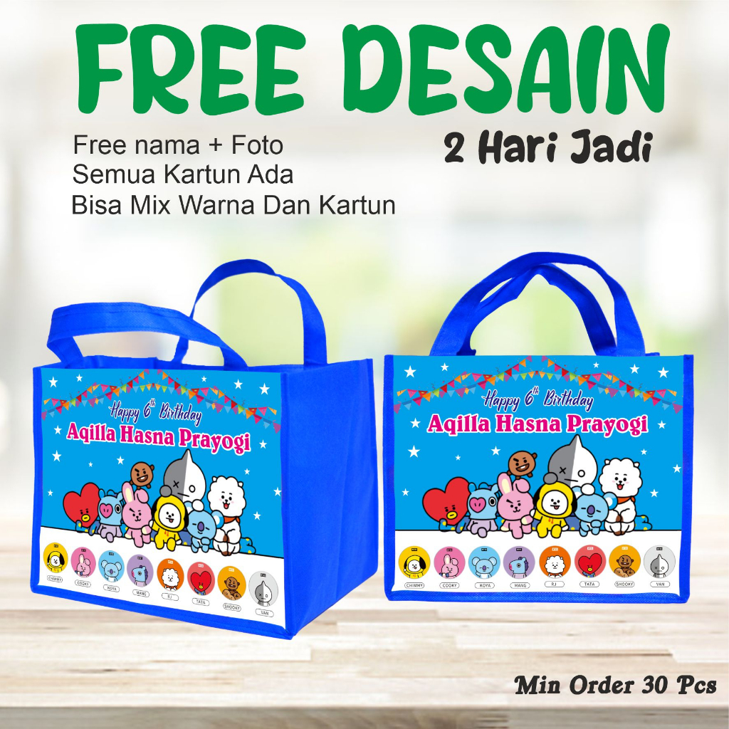 

PAKET BINGKISAN 100 PCS TAS BENTO/BERGAMBAR BT 21/GOODIE BAG/PAKET ULANG TAHUN