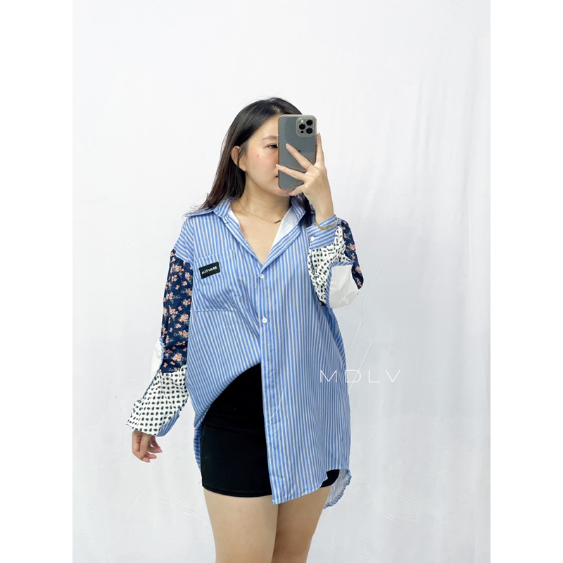 MDLV ~ 2460# Florena Patchwork Shirt Kemeja Salur Polka