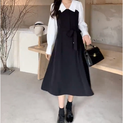 dress korea / dress wanita / long dress dress korean style / hitam dress panjang