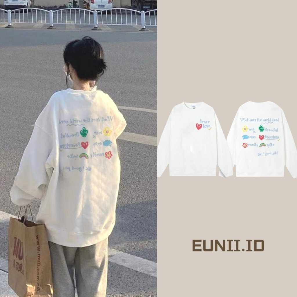 EUNII Sweater Lengan Panjang Cartoon Graffiti Printing Korean Style/Sweater Crop/Baju Wanita/Switer Wanita/Switer