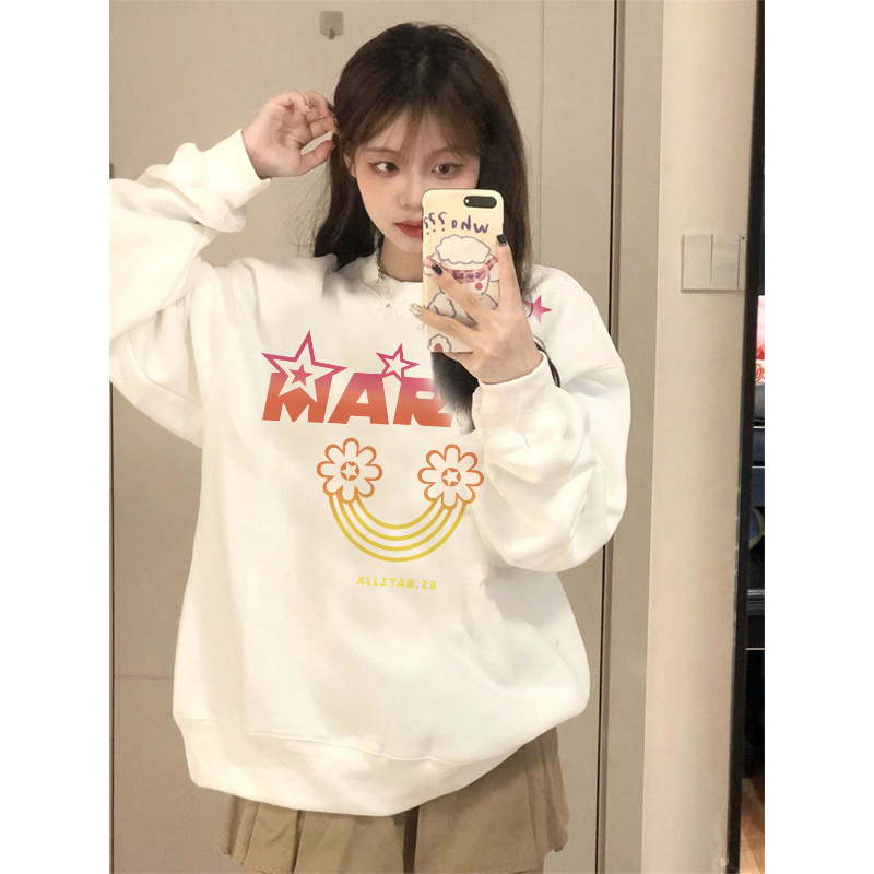 EUNII Sweater Lengan Panjang Cartoon Colorful Mardi Printing Korean Style/Sweater Crop/Baju Wanita/Switer Wanita/Switer