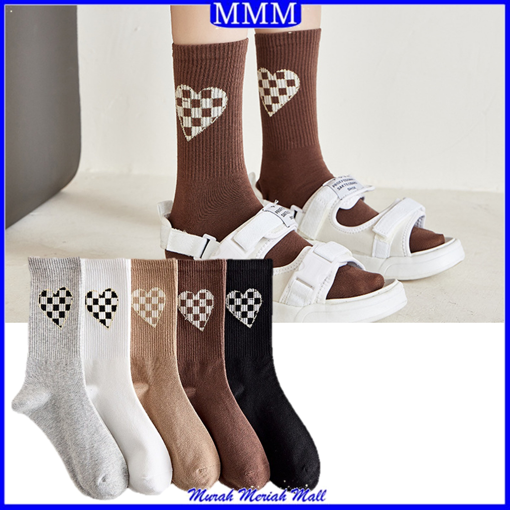 MMM Kaos Kaki Setinggi Betis Wanita Corak Kotak Love Kode 6760 Socks unisex Panjang motif Catur Estetik Sarung Kaki Mid Socks Ala Korea love kotak  Kaki Import Murah