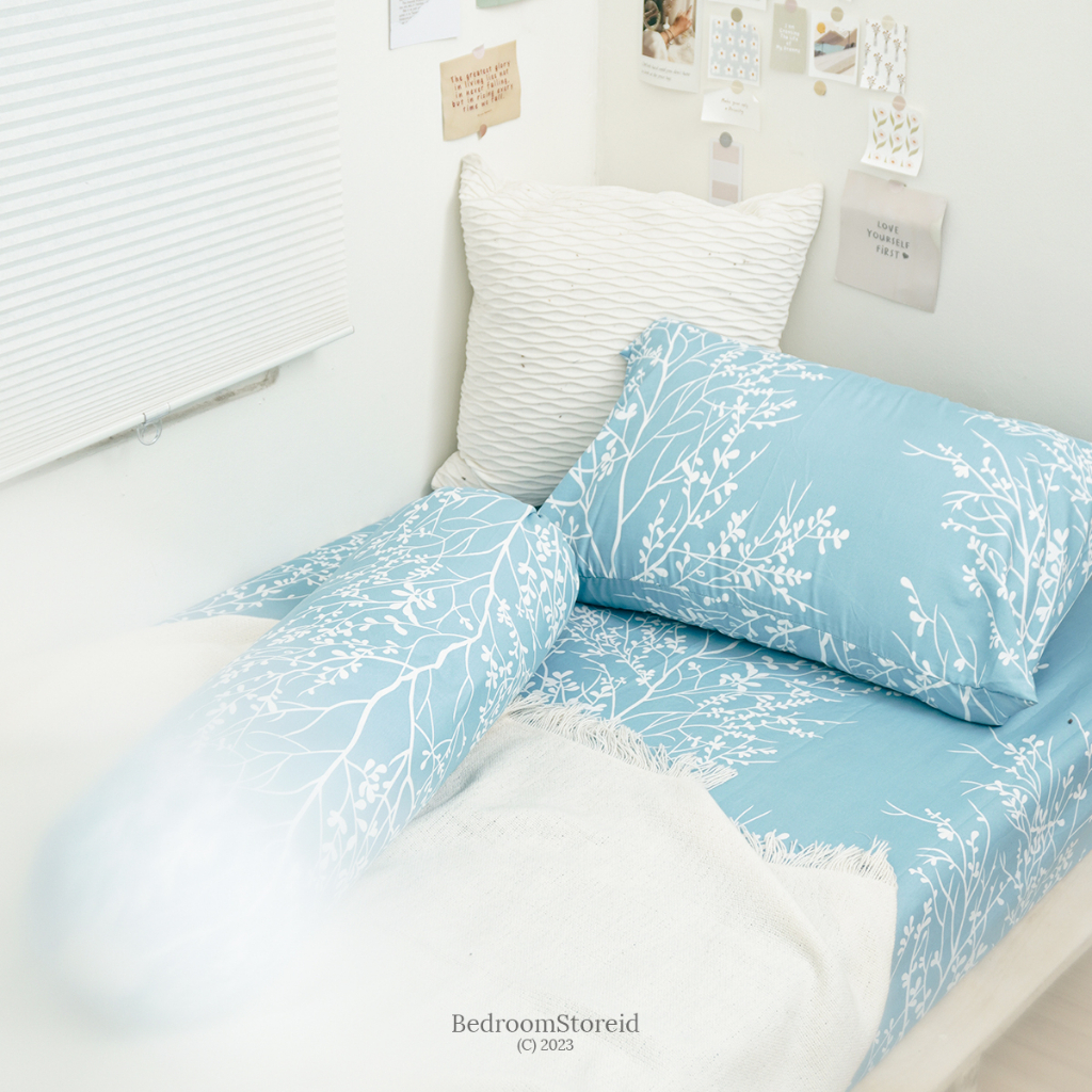 Sprei Aesthetic Motif Jeju Blue | Ala Korea Sudah Termasuk Sarung Bantal Guling