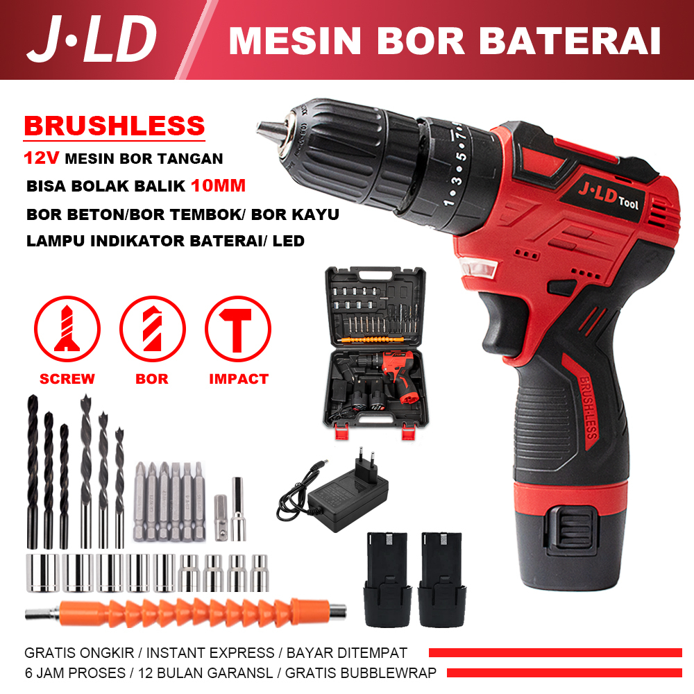 JLD 12V Brushless mesin bor baterai 10mm impact bor baterai cordless drill bisa bolak balik bor Bate