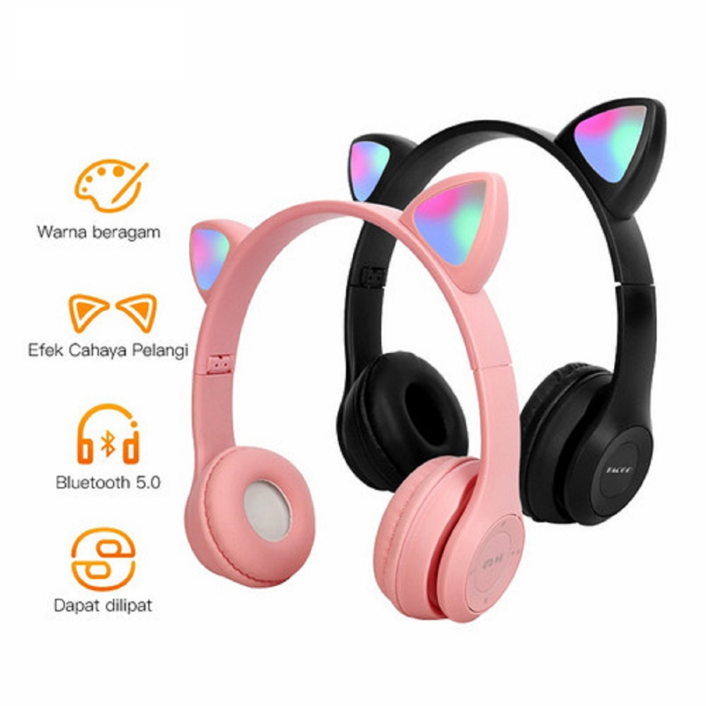 Headphone Headset Karakter Telinga Kucing Bluetooth Wireless Cute Cat Led P47