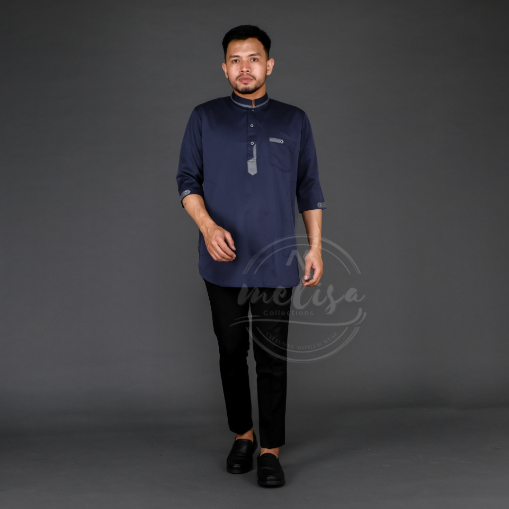 Baju Koko Pria Kurta Lengan pendek 3/4 Bahan Katun Tesla Premium Warna Biru Navy Baju Muslim Pria