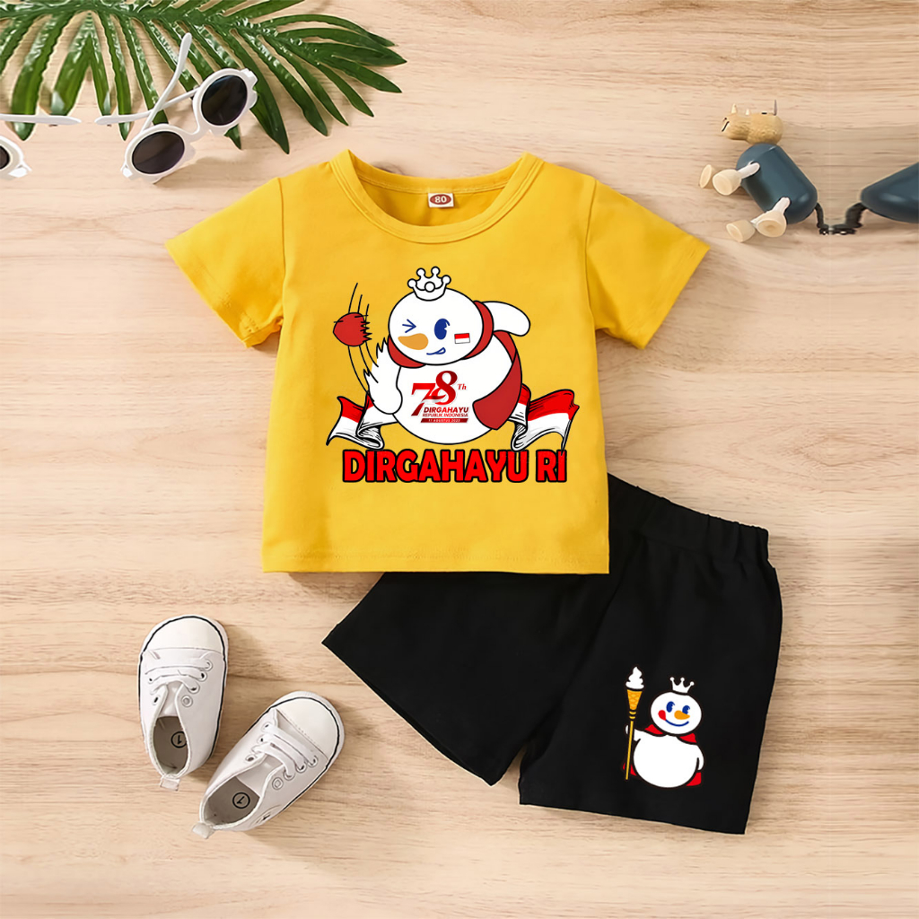 Baju Anak Stelan Kaos 3/4 MIXUE LEMPAR BOLA HUT RI 78 NKRI INDONESIA PANCASILA Cowok Cewek  Usia 1 - 4  Tahun Celana Pendek Harian