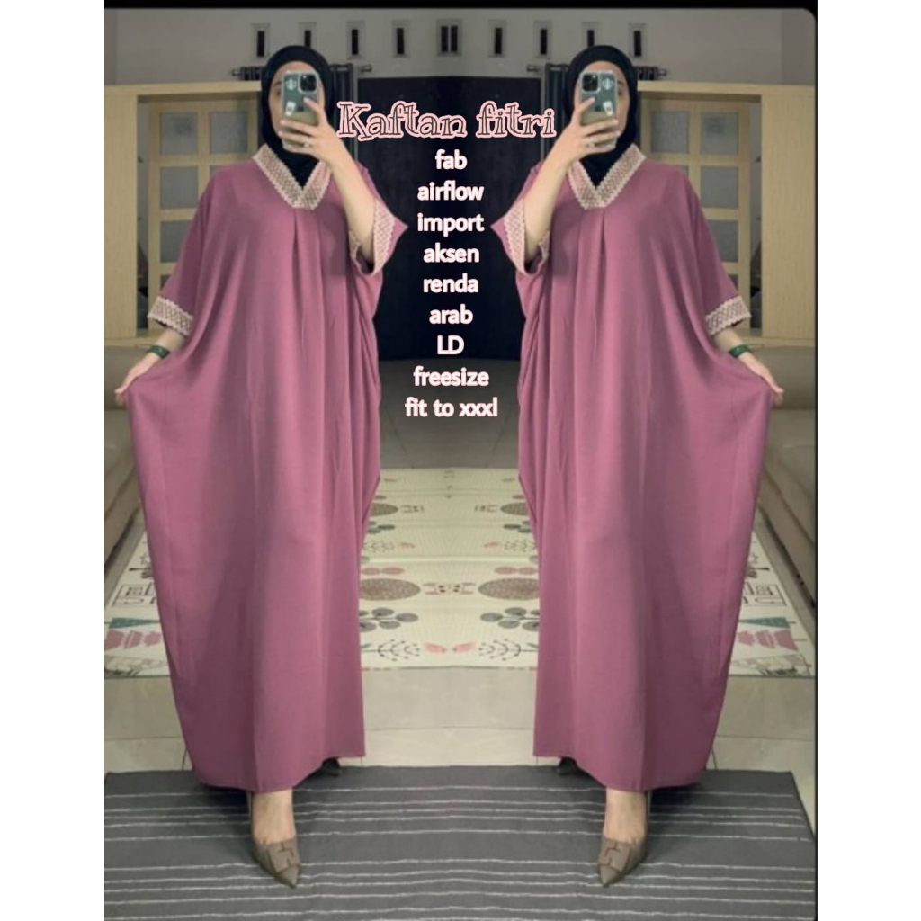 Kaftan Fitri Crinkle Airflow Aksen Renda Muslim Kaftan Lebaran Original Produk