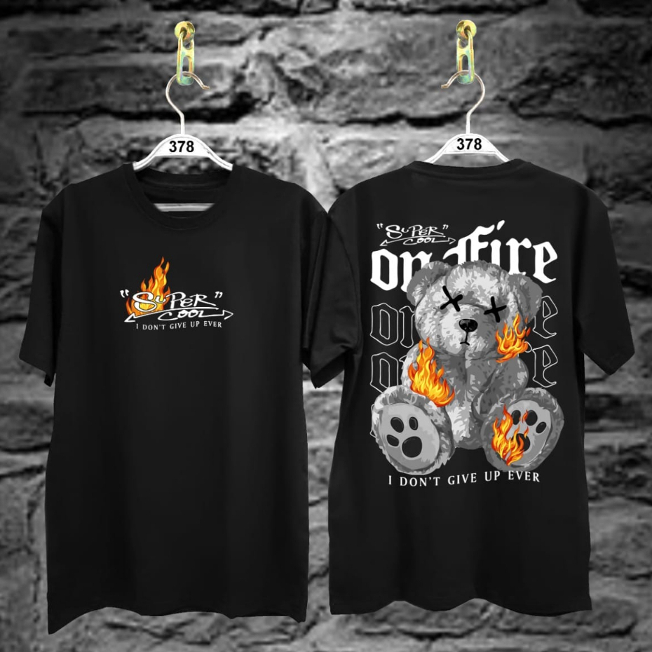 Baju Kaos Distro Tshirt Boneka Pria Wanita Jepang Keren Lengan Pendek Boneka Bear On Fire Hitam  Terbaru Motif Sablon Bergambar Cod Cowok Cewek Wanita Termurah Couple Unisex Dragon Samurai