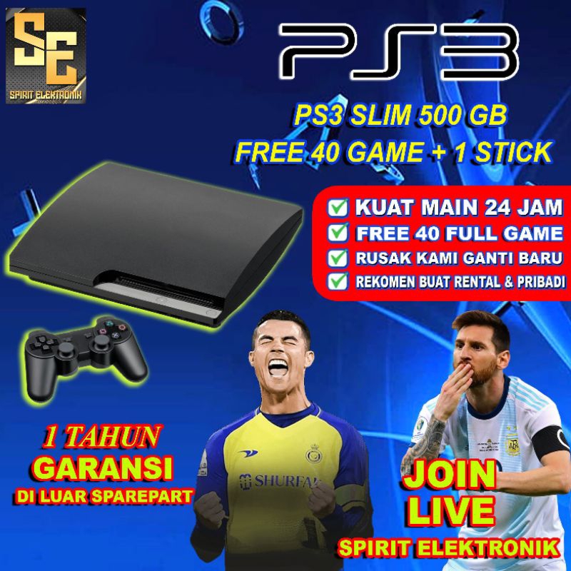 PS3 Slim 500Gb Seri 25 /30/20+ 2 Stik getar werless + Full game Terbaru