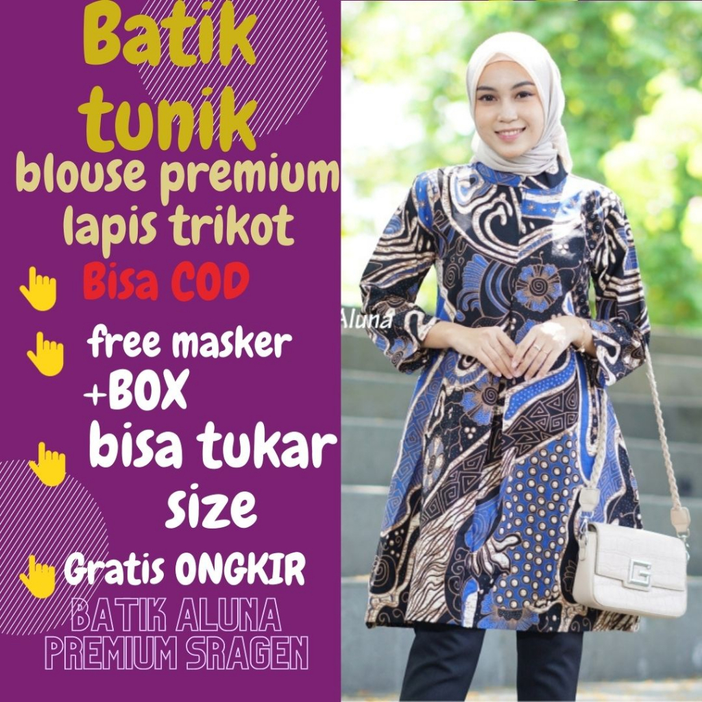 Atasan Batik Wanita Tunik Lengan Panjang Katun Lapis Trikot Premium Modern Original Model Kombinasi 