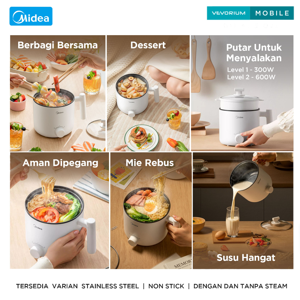 Midea 1.2L Electric Cooker Pot + Steam Panci Listrik Serbaguna Kukusan Elektrik Pot Low Watt Alat Masak Kukus Steam Steamer Rebus Goreng Tumis MPASI Anti Lengket Portable Aesthetic Estetik Mini Traveling Multifungsi