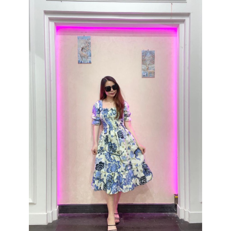 RD FASHION - SMOCKED DRESS / Gaun musim panas kasual baru Lengan pendek smocked dress lipit bunga dengan dasi belakang / gaun kasual A-line gaun smocked berlipat bunga lengan pendek-Motif LAGOON