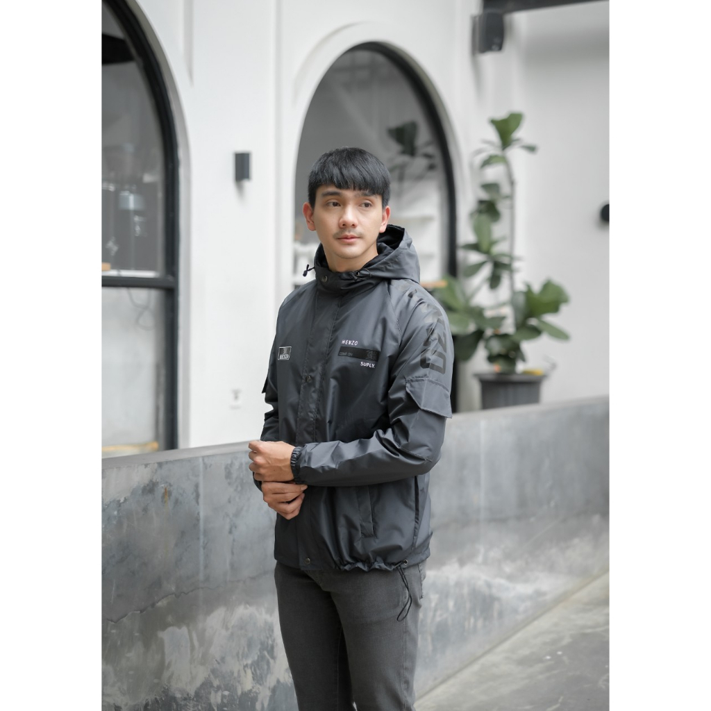 HENZO Jaket Pria Import Outdor Distro Jacket Taslan warna Abu HJT053