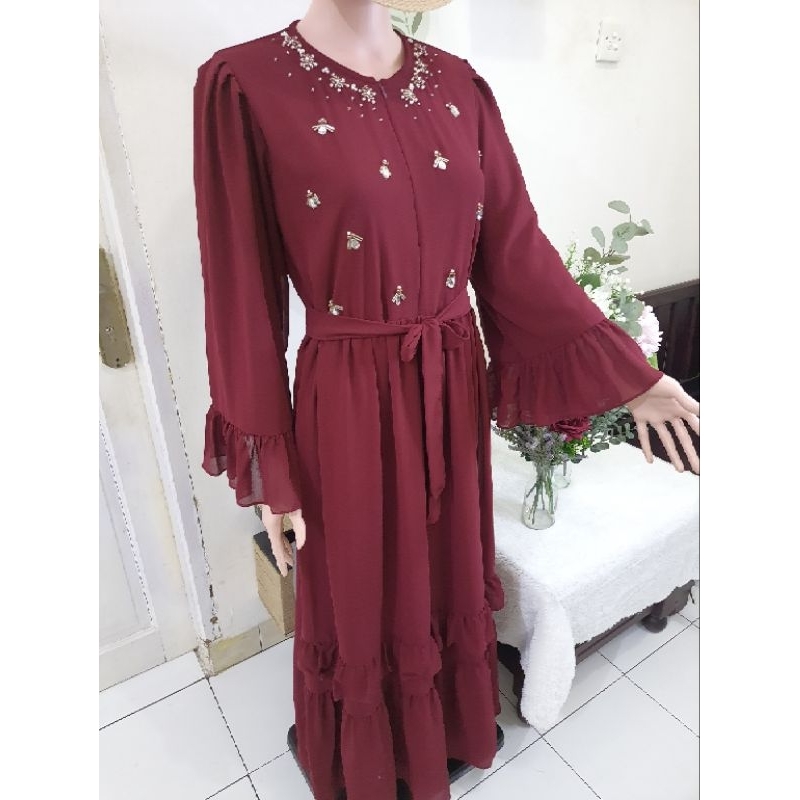 Aster Dress l Gamis Ceruty Babydoll l Gamis Lengan Terompet l Dress Susun Payet l Gamis Pesta Mewah 