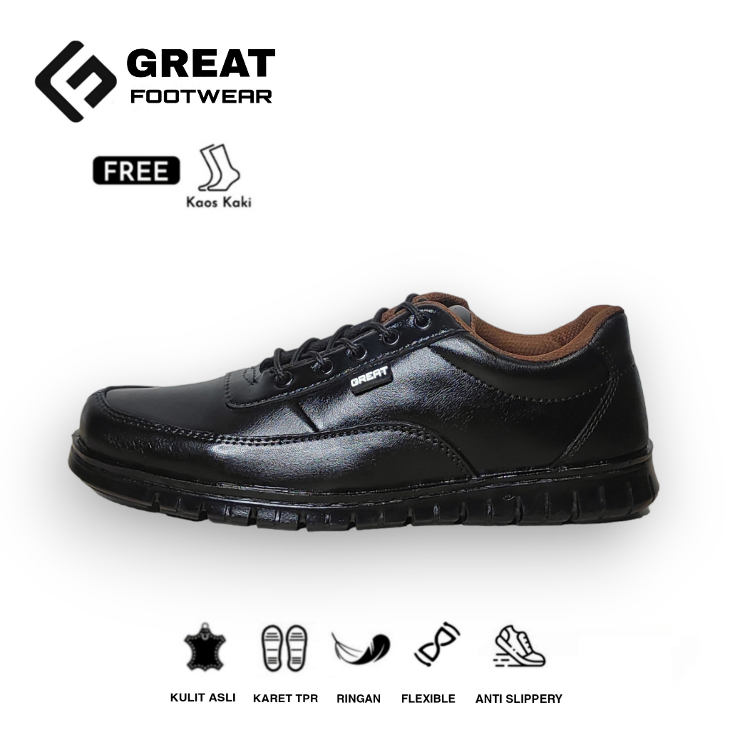 GREAT FOOTWEAR Sepatu Sneakers Pria Kulit Asli Sepatu Kerja Kantor Pria Sepatu Oxford Pria Kasual Formal Anti Licin Kozy Black