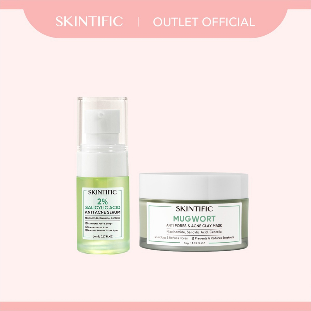 【Skintific Outlet Official】SKINTIFIC Mugwort Anti Pores &amp; Acne Clay Mask Pore Clarifying Wask Off Pack 55G Masker Wajah &amp; 2% Salicylic Acid Anti Acne Serum 【BPOM】