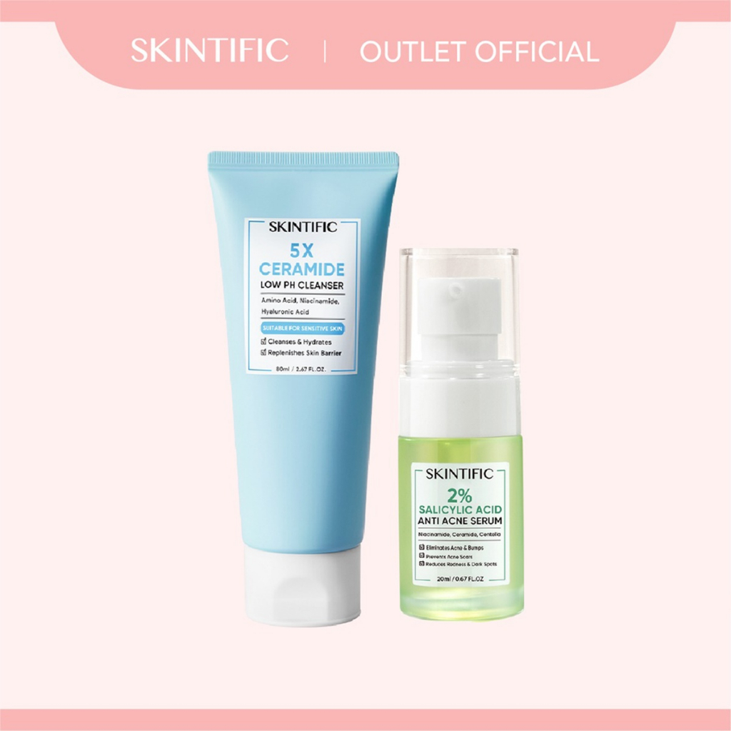 【Skintific Outlet Official】SKINTIFIC Set 5X Ceramide Low pH Cleanser 80g Face Wash Sabun Cuci Muka + SKINTIFIC 2% Salicylic Acid Anti Acne Serum 20ml Totol Jerawat