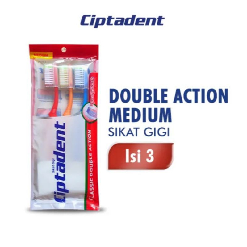 ciptadent sikat gigi classic double action medium  &amp; soft pack isi 3 kemasan  plastik