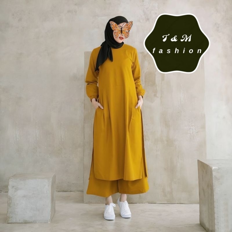 T &amp; M Fashion Tunik Set Celana HANNA Baju Wanita Gaya Santai Harian Wanita Muslim Warna Cream Millo Kuning Navy Dusty Army Maroon Putih