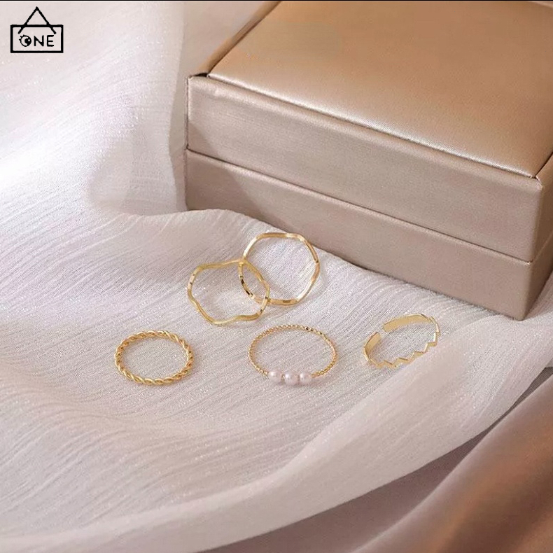 COD❤️ 5 pcs Cincin Set Fashion Aksen Berlian Imitasi Mutiara Untuk Wanita-A.one