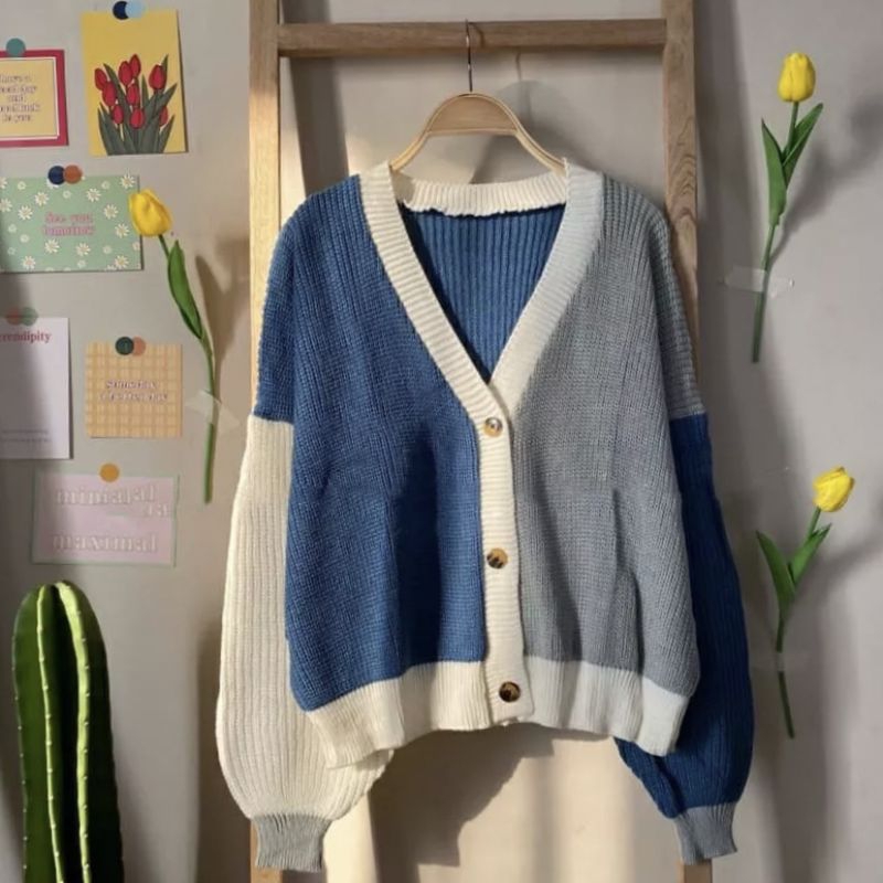 CARDIGAN RAJUT TWIST MIX KOMBINASI 2 WARNA OVERSIZE OUTWEAR CARDIE KNIT SEMI CROP KOMBINASI