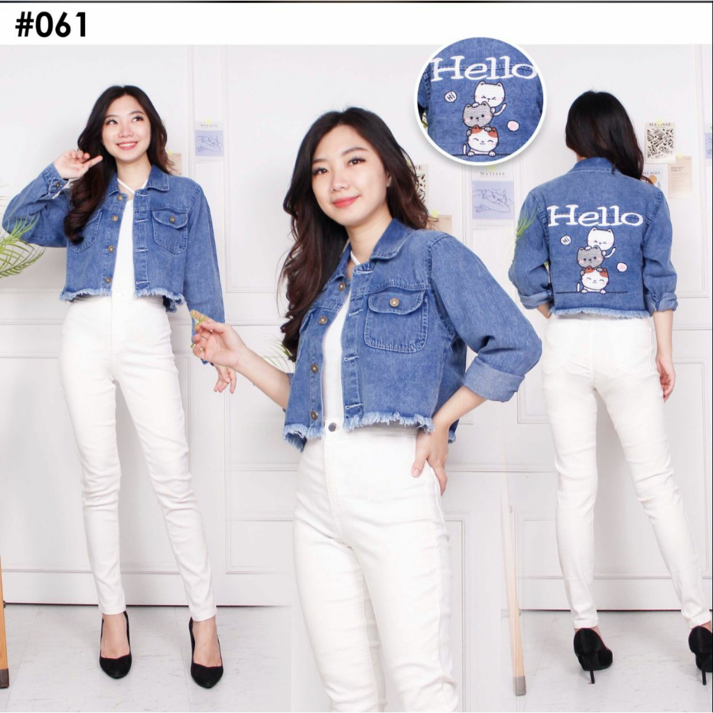 Jaket Jeans Denim Crop Wanita / Jaket Cutie Cat Crop HOPYLOVY