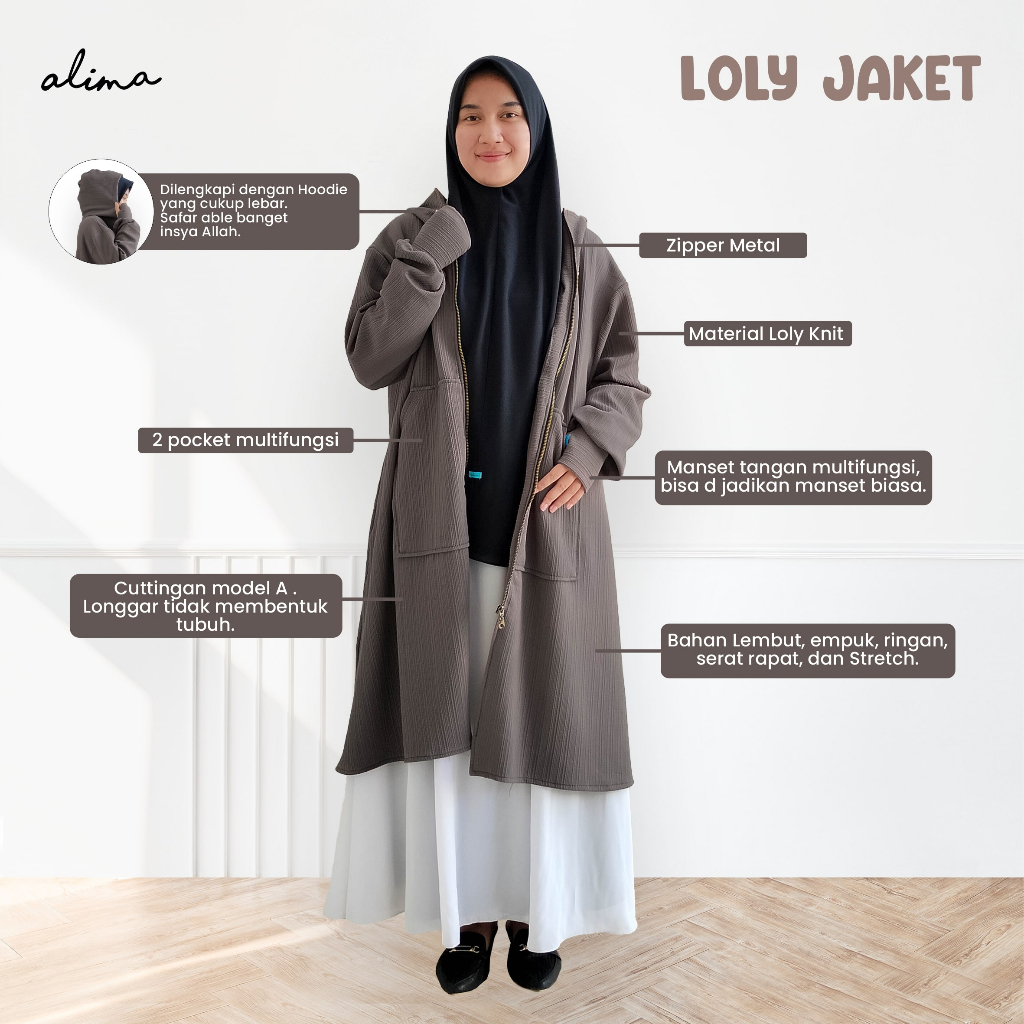 Outer Long Hoodie Muslimah Loly Jacket Wanita Terbaru Viral Kekinian