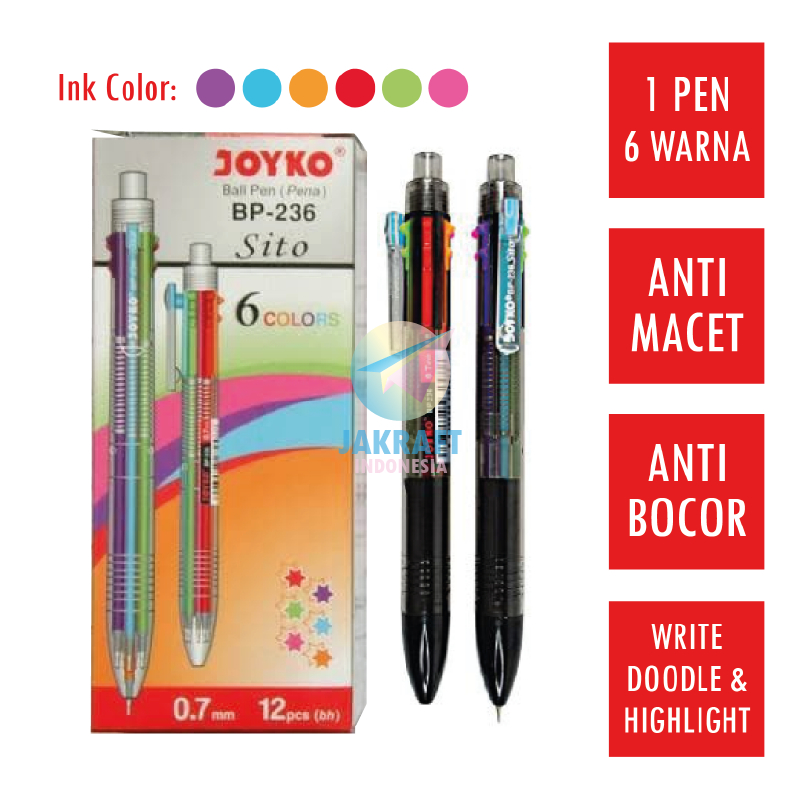 

(1 Pcs) Pulpen Ballpoint 6 Warna in 1 Pen JOYKO BP-236 SITO Tebal 0.7 mm Anti Macet Seperti BIC