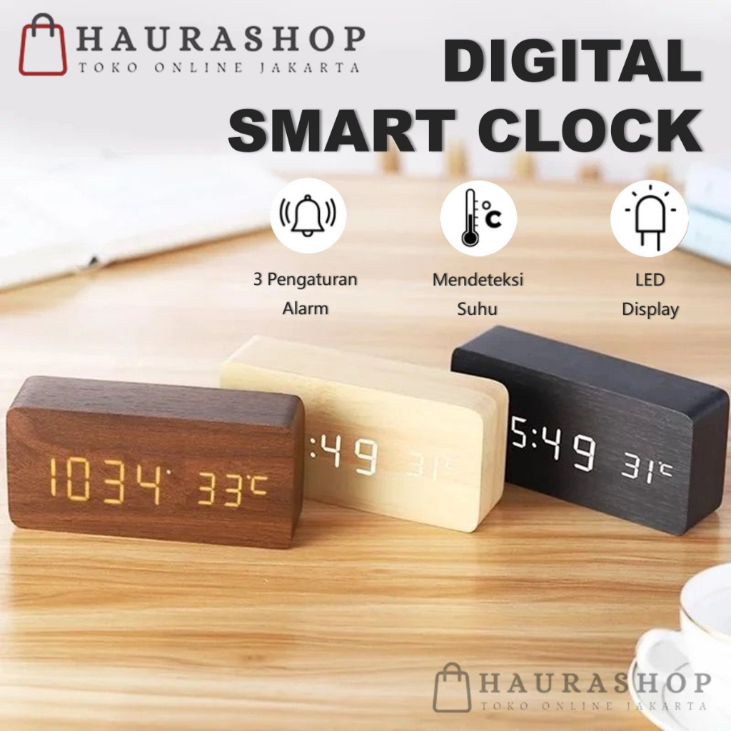 Jam Meja Kayu Digital LED Alarm Smart Clock Date Wood Temperature