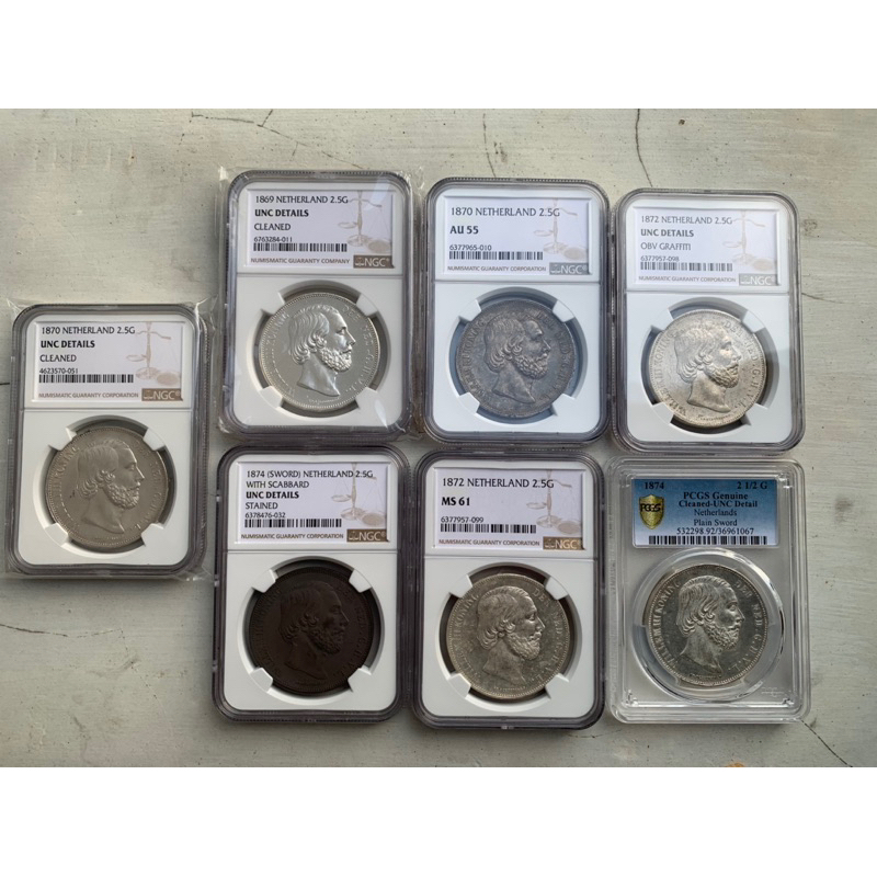 Paket koin perak silver coin willem 3 pecahan 2.5 gulden ngc pcgs graded various year