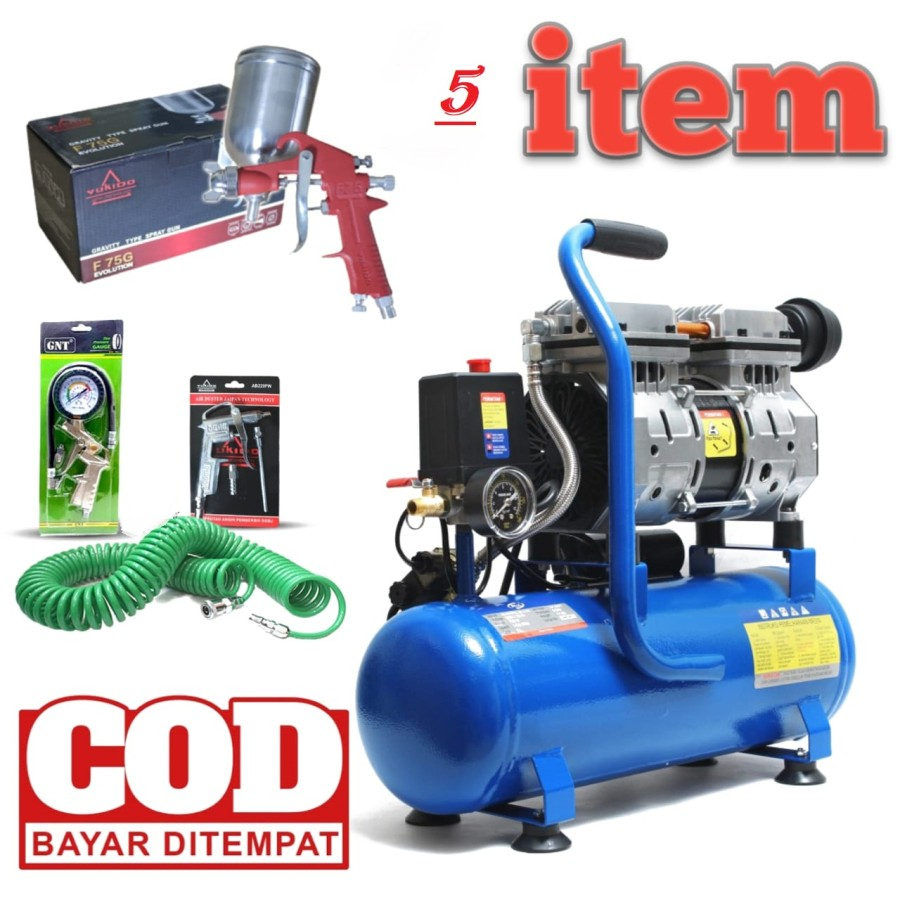 PAKET LENGKAP KOMPRESOR CAT KOMPRESOR LISTRIK 1HP 9L OILLES SILENT+SPRAY GUN F75 SIAP PAKAI