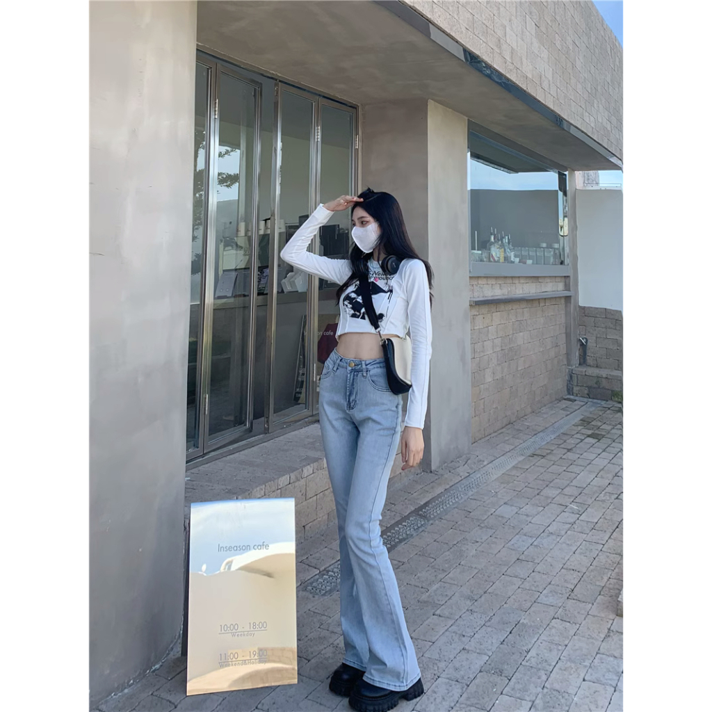 Cutbray Celana Jeans Wanita Stretch Highwaist Biru muda Korea Style