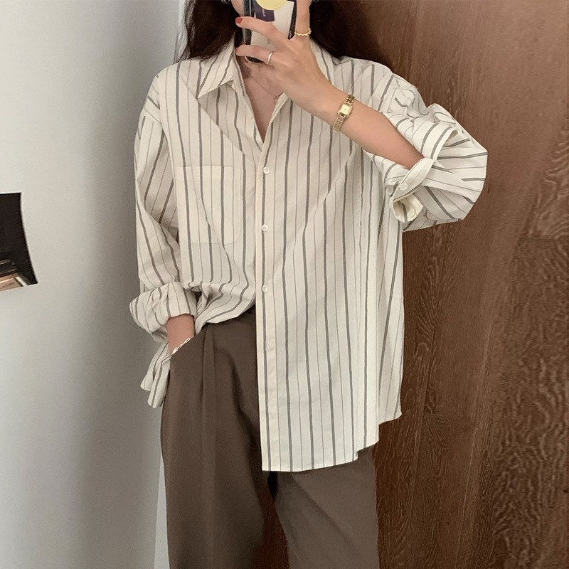 Gaya Korea Kemeja Wanita Casual Lengan Panjang Garis Baju Kemeja Atasan Wanita Santai Liar