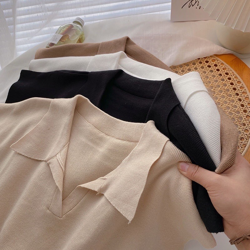 Crop Top Rajut Polos - Kaos Rajut Polos Lengan Pendek - Atasan Korea Rajut - Kaos Polos Rajut Korea 