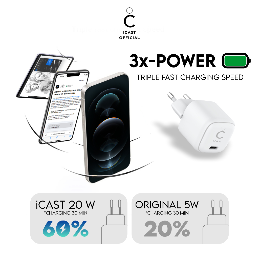 Charger iPhone 20W MFi Fast Charging iCast Mini Adaptor 20W USB C To Lightning [Bundle Adaptor &amp; Kabel]