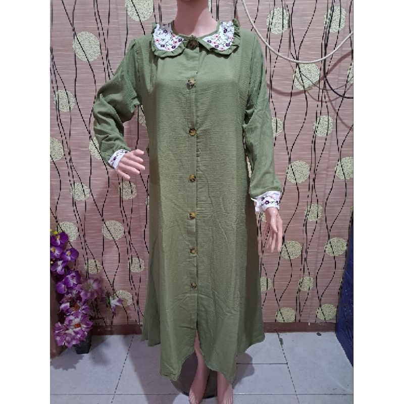 midi dress katun crinkle kerah bunga sulam