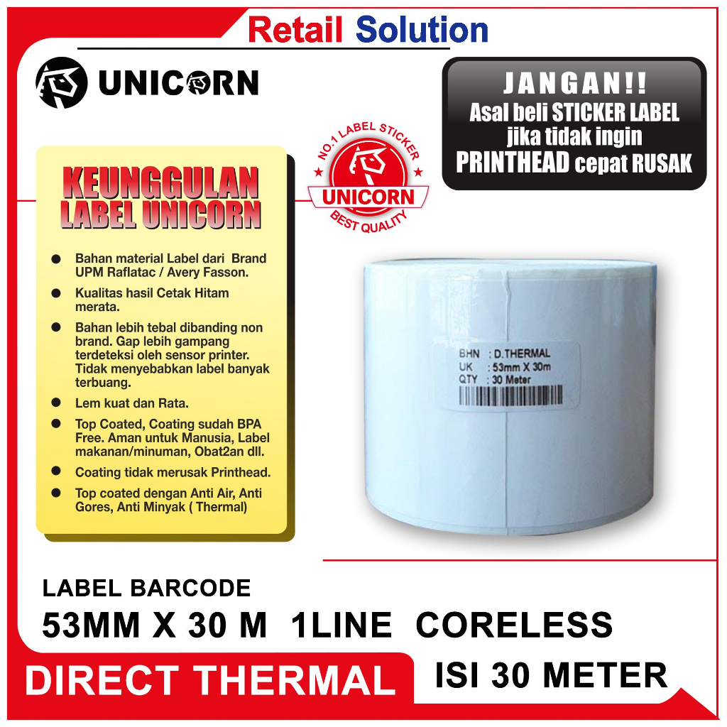 Kertas Stiker Label Thermal 53mm x 30M / 53x30 / 53x30M - Printer 58mm