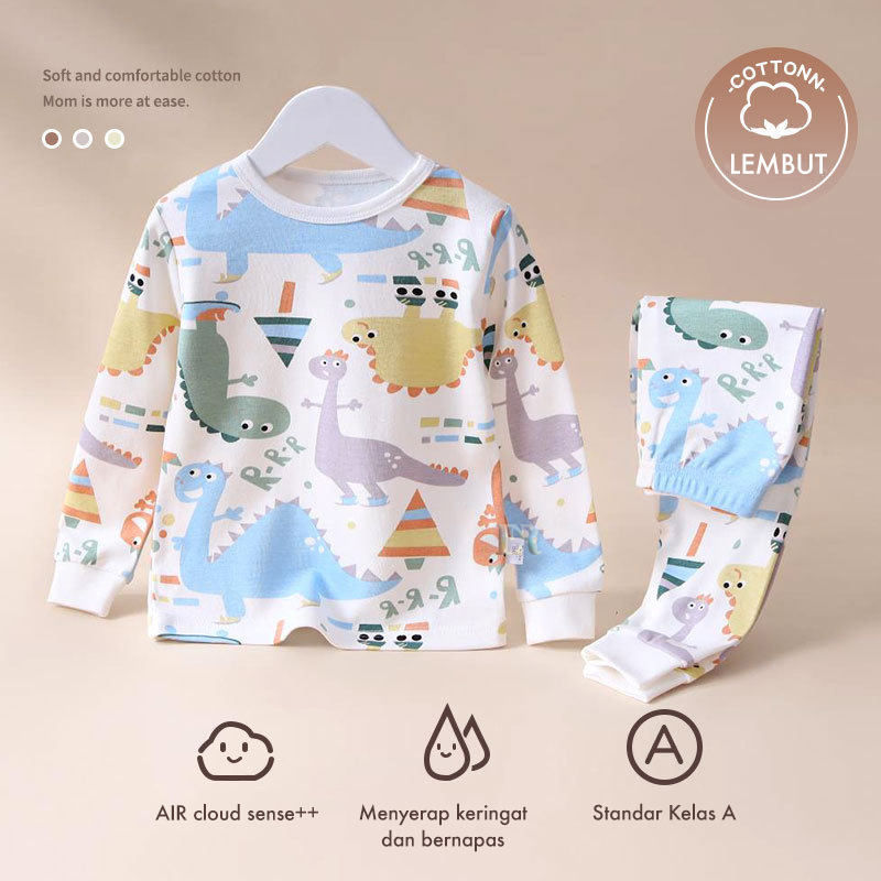 LNR Shop 100% Cotton Piyama Set Lengan Celana Panjang Baju Tidur 2 Potong Anak Perempuan dan Laki Laki Bahan Premium Quality Nyaman Cowok Cewek Balita Lembut Motif Ceplok Telor Mickey Mouse Dinosaurus Polkadot Gajah Elephant