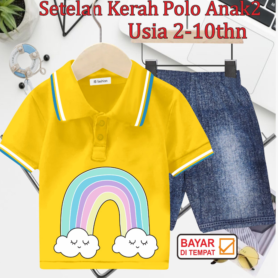 ((IB))SETELAN ANAK2 KERAH POLO SEMI JEANS/RAINBOW DIGITAL SABLON